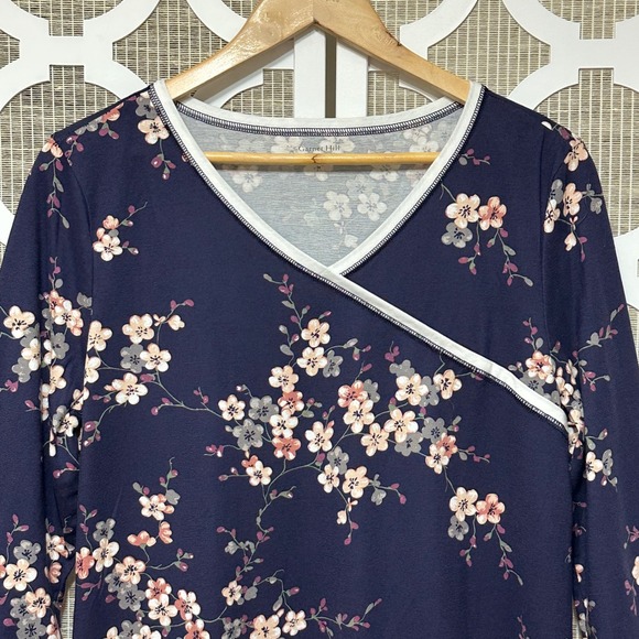 Garnet Hill Asian Wrap Organic Cotton Midi Gown Womens M Floral Sleepwear NEW - Picture 3 of 13